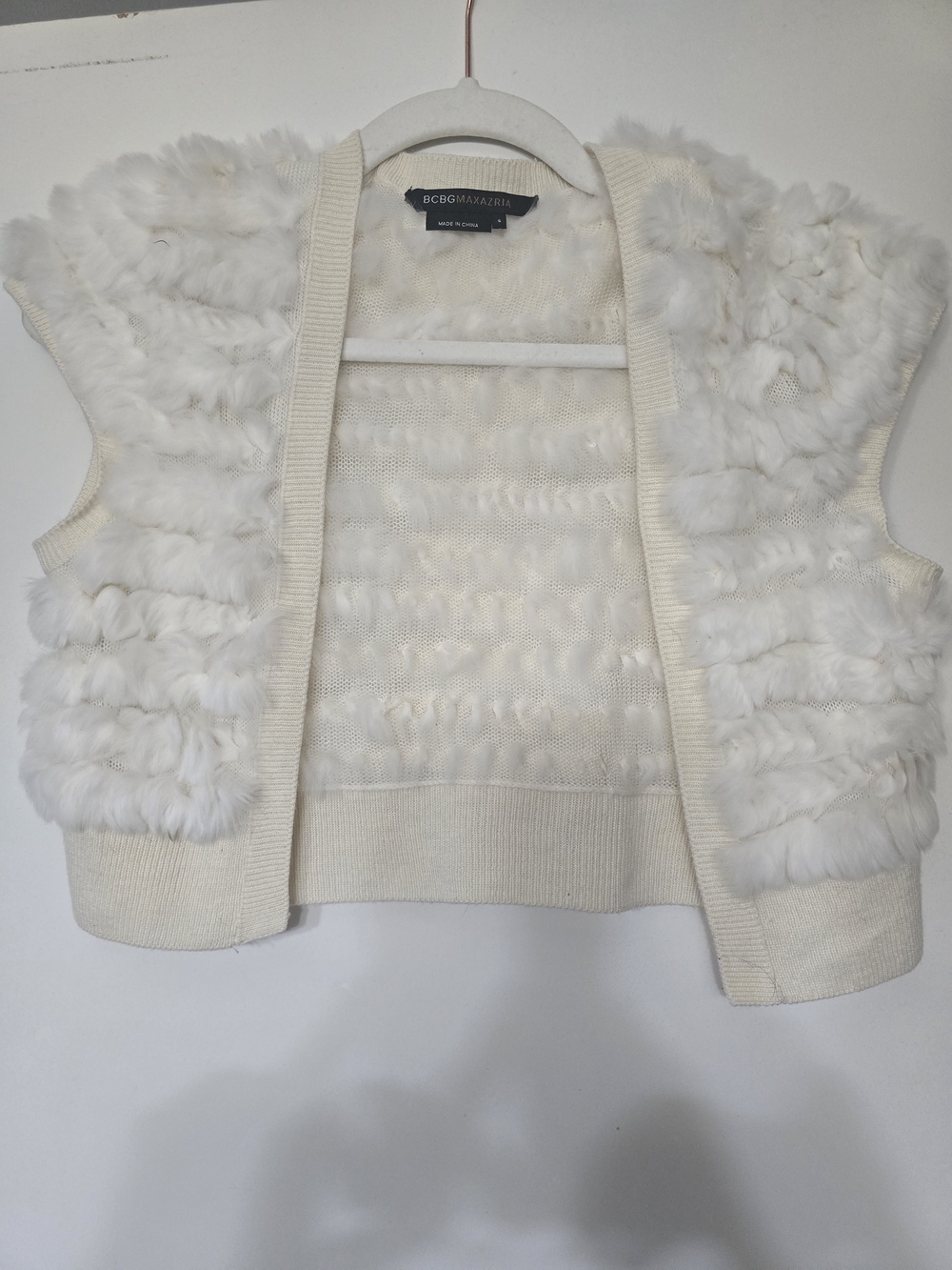 BCBGMAXAZRIA Cream Rabbit Fur Crochet Vest